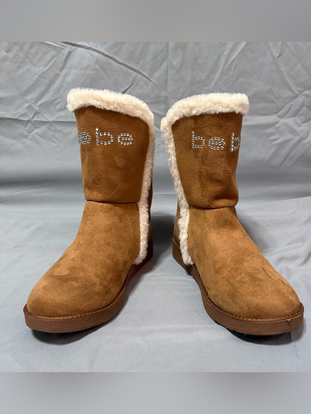 Bebe Lenina Faux Suede Faux Fur Lined Mid-Calf Boots Rhinestone Logo Y2K McBling